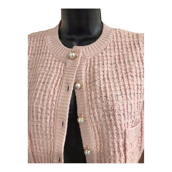 Jessica Simpson pink textured knit pearl button crop cardigan sweater jacket - Picture 14 of 15